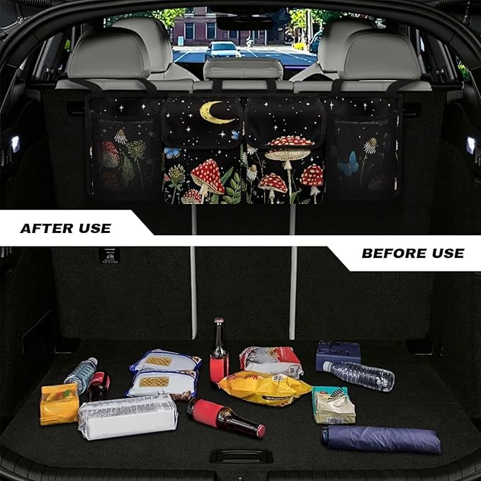 Mushroom Car Trunk Organizer Back Seat Hanging Black, Washable Trunk Oxford Cloth Bag with 4 Pockets, Space Saving Expert, Easy to Clean & Install In All Vehicles