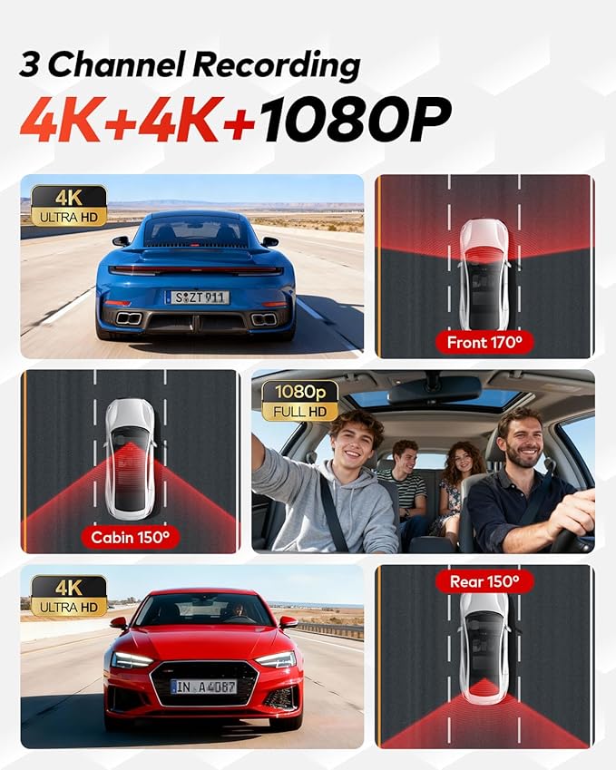 4K+4K+1080P 3 Channel Dash Cam Front and Rear with Cabin, Free 128GB Card Included, 5.8GHz WIFI6 - up to 20MB/s, IR Night Vision, Built-in GPS, G-Sensor, 24H Parking Mode, Support 512GB Max