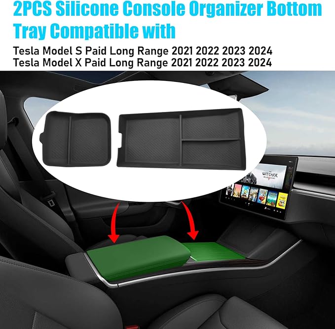 Jaronx Compatible with Tesla Model S/X Center Console Organizer 2021-2026, Silicone Console Organizer Armrest Storage Box Bottom Tray for Model S/X Accessories Plaid/Long Range(2PCS)
