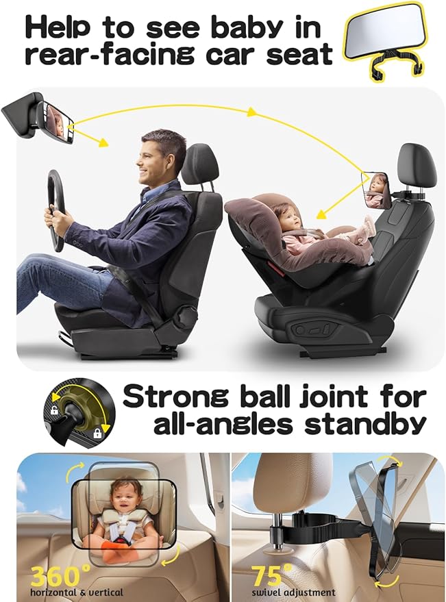 TAZENI Baby Car Mirror Hook Design Ultra Stable Car Seat Mirror for Baby Rear Facing Secure and Shatterproof CarSeat Mirrors 360° Clear View Newborn Essential Accessories