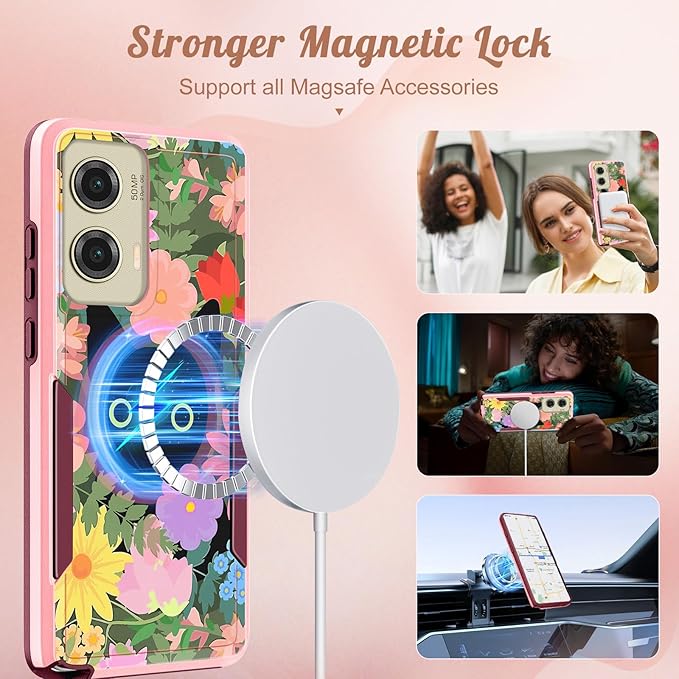 for Moto G Stylus 5G 2024 Case - Compatible with MagSafe Women Girls Cute Magnetic Phone Cover Girly Cat Flower Floral Heavy Duty Shockproof Design for Motorola Moto G Stylus 5G 2024 Cases