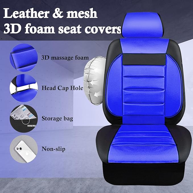 CAR PASS Leather Car Seat Covers Front Seats Only, Universal Fit Automotive Interior Waterproof 3D Foam Back Support Car Seat Covers for Trucks Vans and SUVs Airbag Compatible 2 Pieces Black Blue