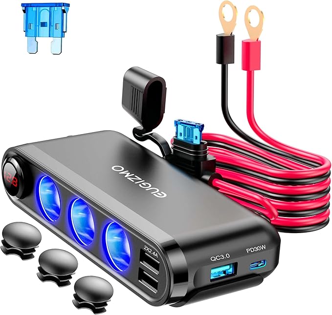 EUGIZMO 12V Car Cigarette Lighter Socket, 200W 3 Socke t Cigarette Lighter Plug Splitter Car Charger Adapter 12 Volt Socket Power Outlet Auxiliary with Eyelet Terminal (Red)