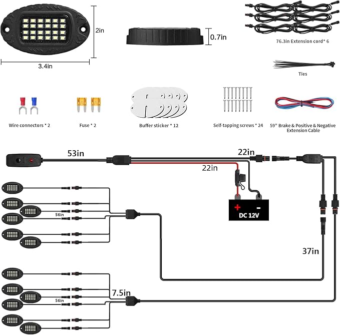12 Pods Pure White LED Rock Lights, IP68 Waterproof Aluminum 6500K Bright White Underglow Light with Extension Cord Harness,12V Metal Fender Lights for Jeeps Trucks Off Road UTV ATV Car Golf RV Etc