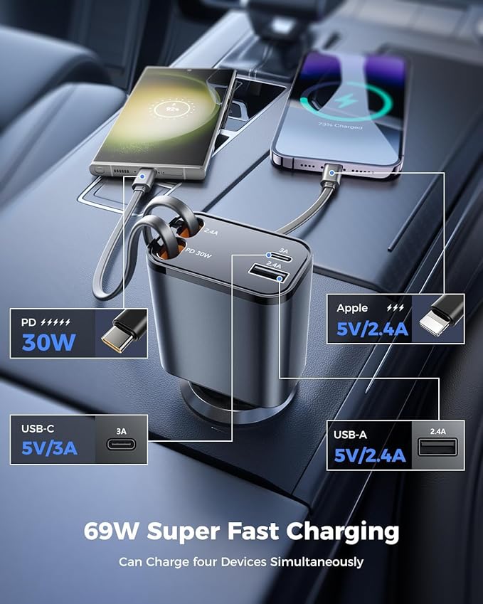[Upgraded] 4 in 1 Retractable Car Charger, SUPERONE Smaller Fast Car Phone Charger 69W with Cord, USB C and iPhone Car Charger Adapter, Compatible iPhone 17/17 Pro Max/16/15/14/13/12/11, Sumsung