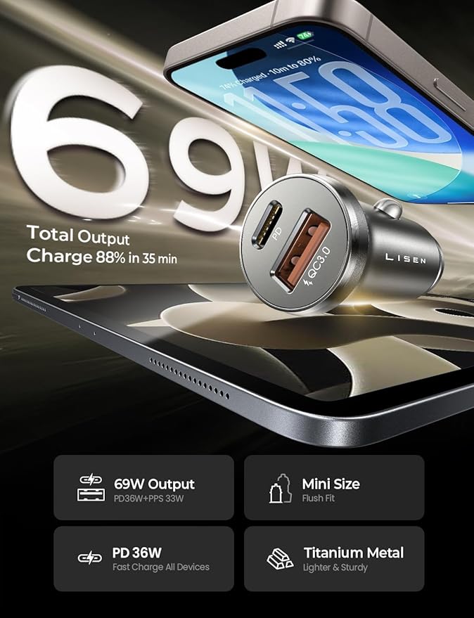 LISEN 69W Mini Cigarette Lighter Adapter Car Charger USB C Fast Charging, 12V Cigarette Lighter USB Car Charger Fast Charging Adapter, for iPhone 17 Pro Max 16 15 14 13 12 Plus Mini, Samsung S26 S25