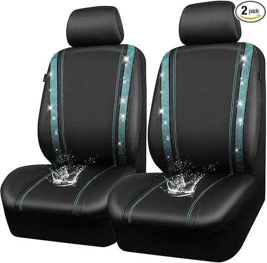 CAR PASS Leather Bling Diamond Car Seat Covers 2 Front Interior Sets, Waterproof Universal Shining Glitter Crystal Sparkle Fit for 95% Automotive Truck SUV Cute Women Girl, Black Mint Rhinestone