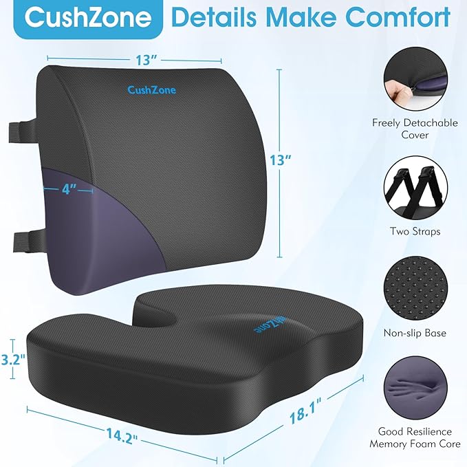 Seat Cushion, Lumbar Support Pillow with Adjustable Strap-Chair Cushions for Sciatica Pain Relief-with Washable Cover Memory Foam for Car, Travel and Wheelchair-Gray