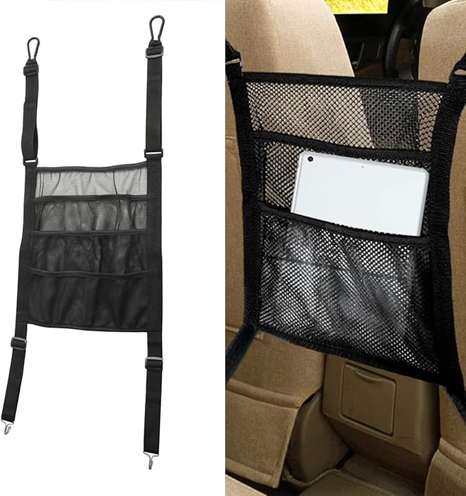 Pack-1 Car Seat Back Net Bag, Organizer Storage Between Front Seats, Barrier of Backseat Pet Kids, Net Car Handbag Holder Universal for Most Cars (Black)