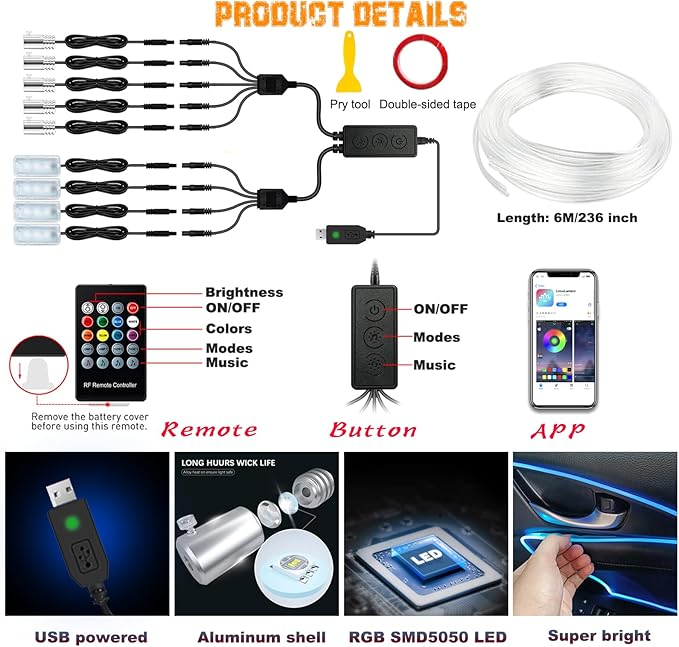Jushope Car LED Lights, Interior Car Lights with Wireless APP/RF Remote/Button Control, Car Ambient Lighting Kit with 236" Integrated Molding Fiber Optic RGB Sync to Music (9 in 1-USB)