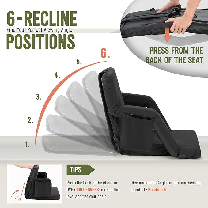 Overmont Heated Stadium Seat with Back Support – 3 Heat Levels, Dual-Zone Independent Control, 6-Position Recliner, Wide Cushion Dual Hooks Multiple Pockets – Bleacher Chair for Sport Camping Concerts