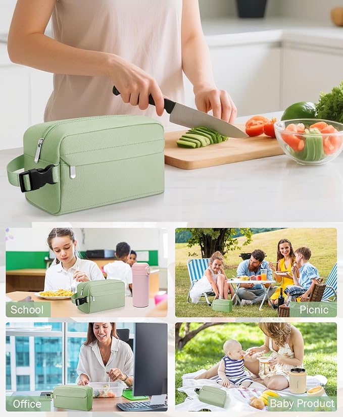 Small Insulated Snack Bag Lunch Bag for Kids Lunch Box for Women/Men, Collapsible [3L/5-Can] Reusable Lunch Bag Cooler Bag for Bottle with Handle Buckle for Work School Travel (Green)