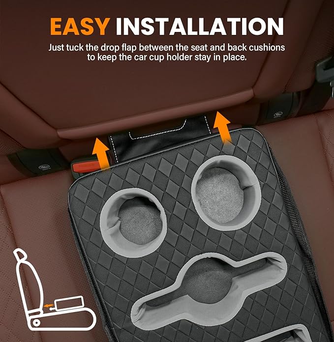Car Cup Holder, Back Seat Cup Holder for Car, Truck Bed Organizer Boat Couch Bottle Holder Tray Expander Automotive Rear Seat Storage Accessories Pu Leather Fit for Coffee Drink Food