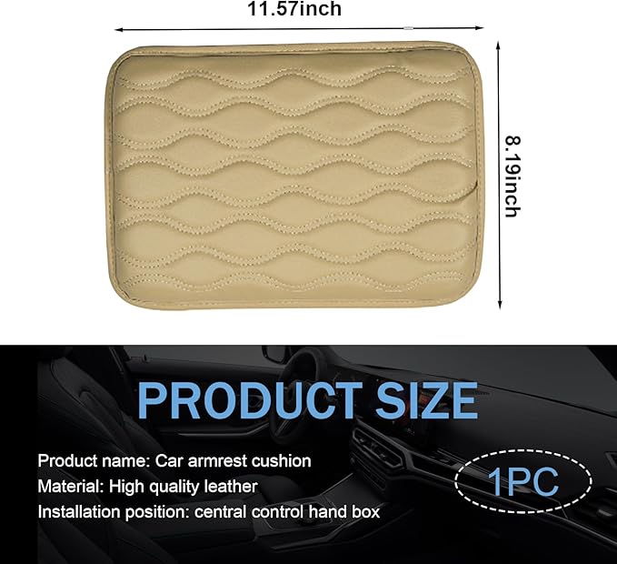 Car Center Console Cushion Pad, 11.57 x 8.19IN Leather Arm Rest Cover, Comfortable Waterproof Armrest Seat Box Cover, Car Interior Protection Accessories, Universal for Vehicle (Beige)