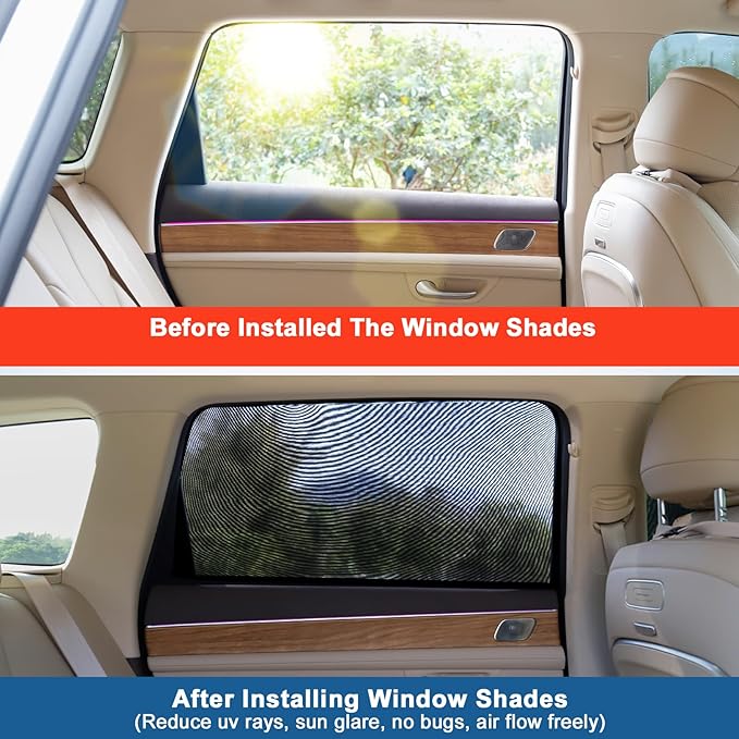 Car Rear Side Window Shades,2 Pack Stretchy Mesh Car Window Screens Sun Shades Mosquito Nets Covers Fit for 96% Cars SUVs, Anti-Sun Glare,UV Protection,Privacy Protection