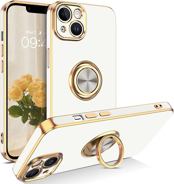 VENINGO iPhone 14 Case,Phone Cases for iPhone 14,Slim Fit Soft 360° Ring Holder Kickstand Magnetic Car Mount Supported Easy Clean Shockproof Protective Cover for Apple iPhone 14 6.1" 2022,White/Golden