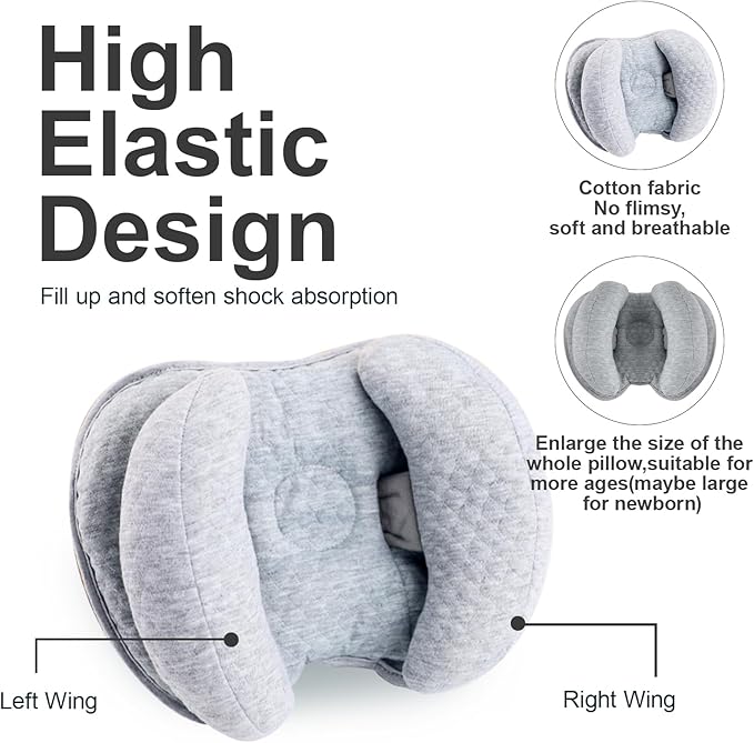 KAKIBLIN 2 in 1 Baby Head Pillow with Banana Neck Pillow for 3 Months to 1 Years Baby Travel Pillow for Stroller or Bed (Light Grey)