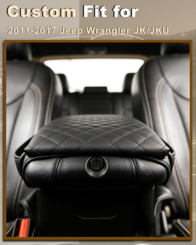 Armrest Cover for Jeep Wrangler JK Center Console Pad with Organizer Storage Pockets, Black Faux Leather Arm Rest Lid Cushion Accessories (2011-2017 Wrangler JK)