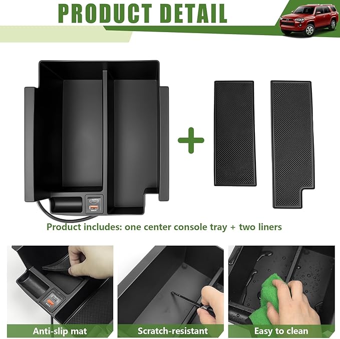 Center Console Organizer with Fast Charger for 2010-2024 Toyota 4Runner Insert Armrest Box Storage Tray W/USB Fast Charging for 10-24 4 Runner Interior Accessories