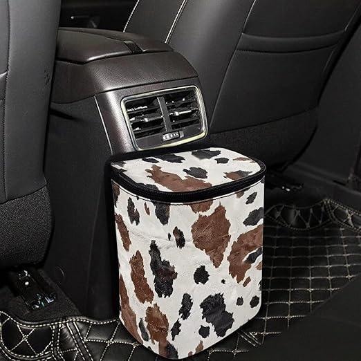 Brown Cowhide Car Trash Can with Lid, Cute Leakproof Car Trash Garbage Bag Hanging Vehicle Trash Bin Small Portable Automotive Garbage Cans Organizer for Back/Front Seat/Console