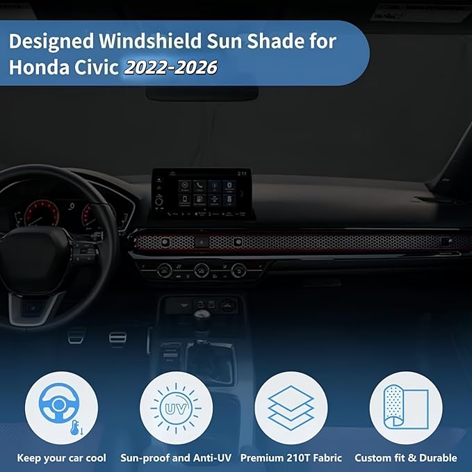 Windshield Sun Shade for Honda Civic Window Sunshade 2022 2023 2024 2025 2026 Accessories Front Window Shade Sun Visor Sunshade Windshield Cover 4 Layers Foldable Blocks UV Rays Keep Car Cooler