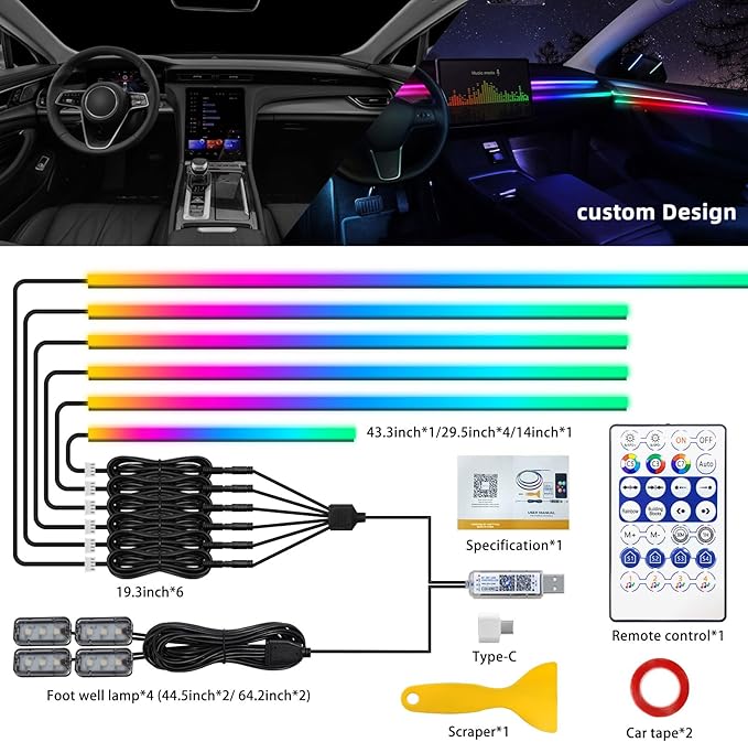Dreamcolor Acrylic Interior Car LED Strip Light with USB/Type C, 10 in 1 with 175 inches 600 LEDs Ambient Lighting Kits, Sound Active Function Neon Accessories