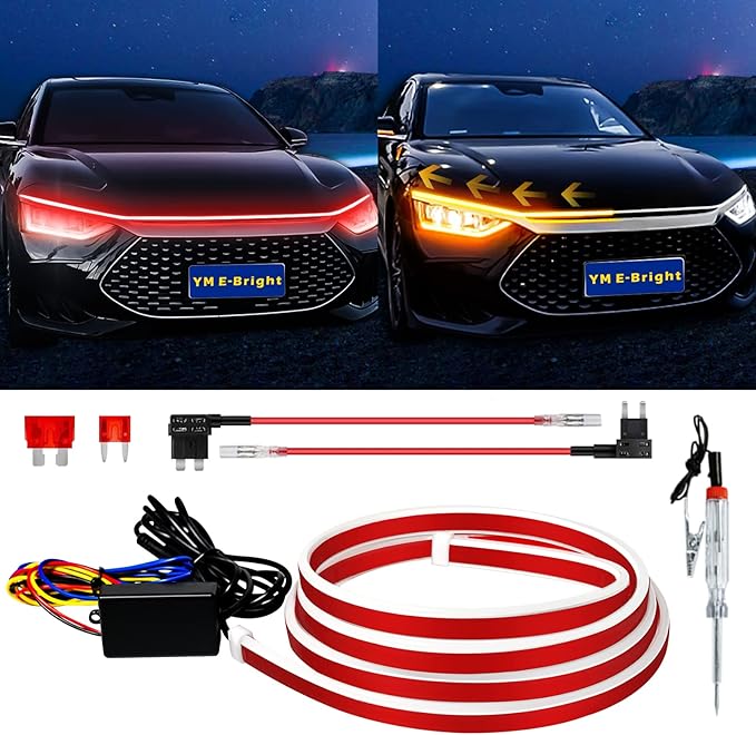Sequential Turn Signal Led Light Strip Dynamic Scan Start Up Hood Lights Flexible DRL Daytime Running Light for Car,Truck,SUV,Dual Color Red Amber Flowing Switchback 12V 70inch /1.8M (1Set)