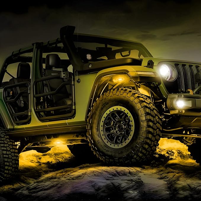 Rock Lights for Trucks, 4 Pods LED Rock Lights, IP67 Waterproof Neon Rock Lights Kits for Pickup ATV Off Road SUV, High Brightness Multifunction Underglow Lighting Glow Trail Rig Lamp (Yellow)