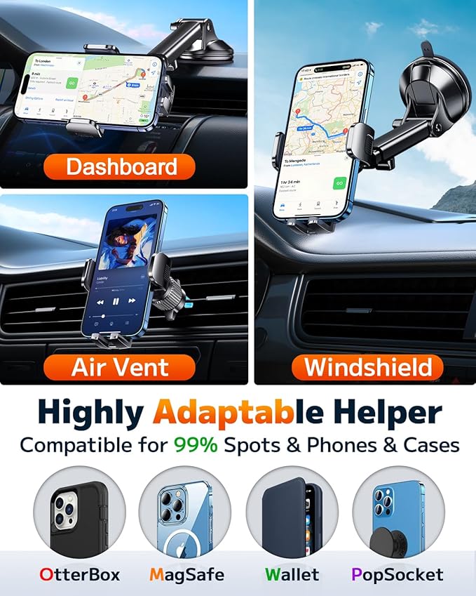 Qifutan Phone Holders for Your Car Cell Phone Mount for Car Mount Windshield Dashboard Air Vent Universal Hands Free Automobile Cell Phone Holder Fit for iPhone Smartphone Camera Mounts