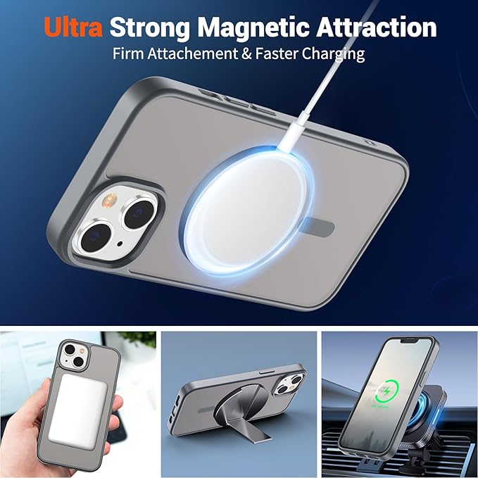SUPFINE Magnetic for iPhone 14 Case & iPhone 13 Case (Compatible with MagSafe) (Military Grade Drop Protection) Slim Translucent Matte Shockproof Phone Cover,Gray