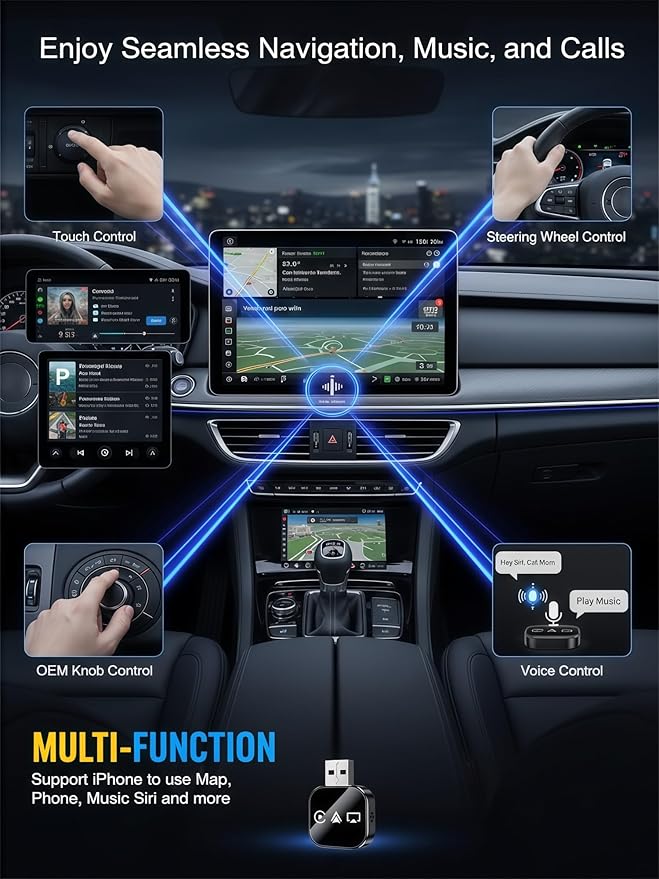 2026 Upgraded 3-in-1 Wireless CarPlay Adapter for iPhone & Android Auto, 5.8G WiFi No-Lag Dongle, Wired to Wireless Converter with Mirror Link 4K Streaming, Fits 98% Cars (USB-A/C)