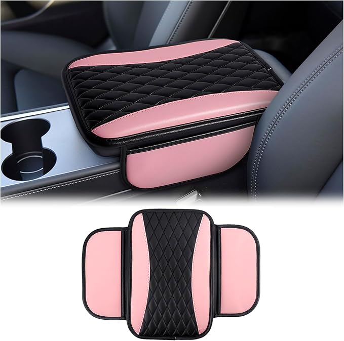Leather Car Center Console Cover,Upgraded Center Console Cushion Pad with Side Pockets,Patchwork Arm Rest Cover for Car,Waterproof Armrest Seat Box Covers,Universal for Most Vehicles (Pink)