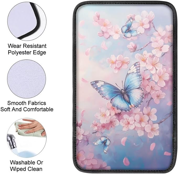UNICEU Pink Flower Butterfly Car Center Console Armrest Cover for Women Cherry Blossom Auto Interior Decor Neoprene Armrest Box Protector Cover Pad, Scratch Proof Non Slip Automotive Armrest Pads