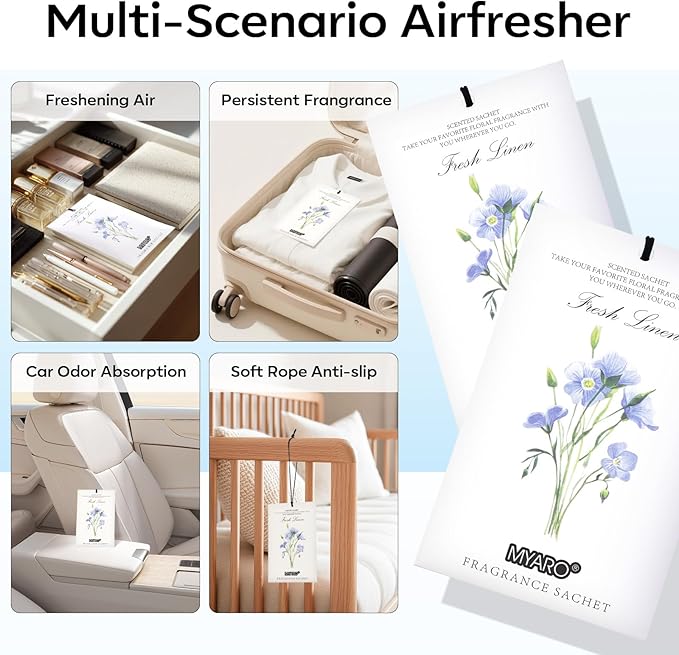 MYARO 12 Pack Fresh Linen Scented Sachets for Drawer, Closet & Car Air Freshener Bags | Odor Eliminator & Fabric Refresher | Crisp, Clean Home Fragrance Gift Set
