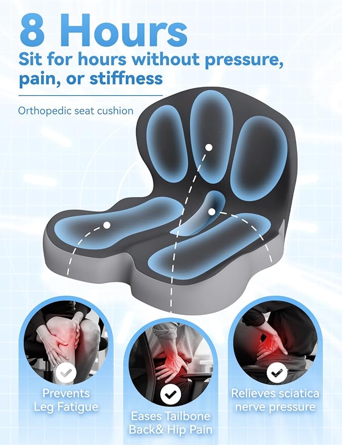 Orthopedic Cushion, Ergonomic Orthopedic Cushion for Tailbone Pain Relief, with Memory Foam, Car Seat Cushion with Waist Support, Non-Slip, Breathable, Washable Cover (Black-Gray)