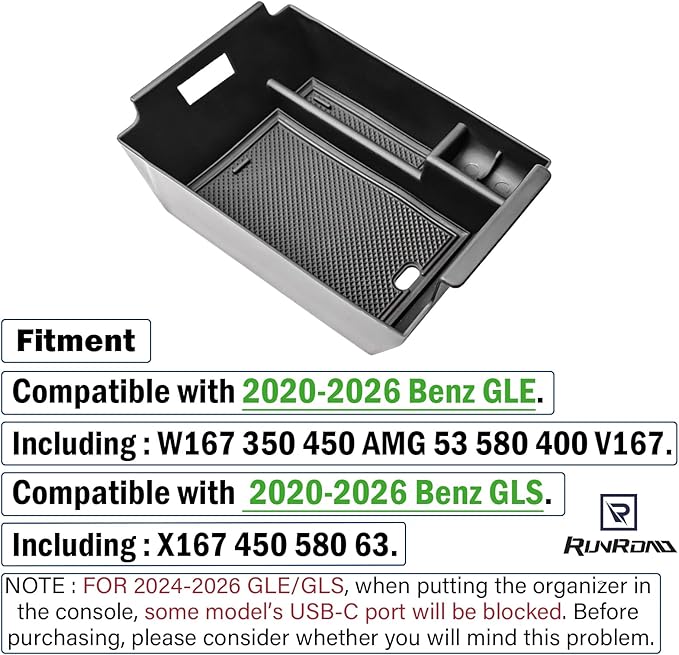 RUNROAD Center Console Organizer Tray Compatible with Mercedes Benz 2020-2026 GLE Class W167 350 450 AMG 53 GLS X167 450 580 63 Accessories, Middle Console Organizer GLE350 Armrest GLE450 Storage Box