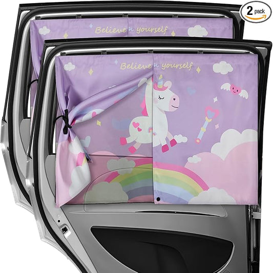 Car Window Shades, 2 PCS Magnetic Double Layer Car Sun Shade for Side Windows Privacy Full Covers/Half Shade Options Unicorn Patterns Car Window Curtains for Baby Protection