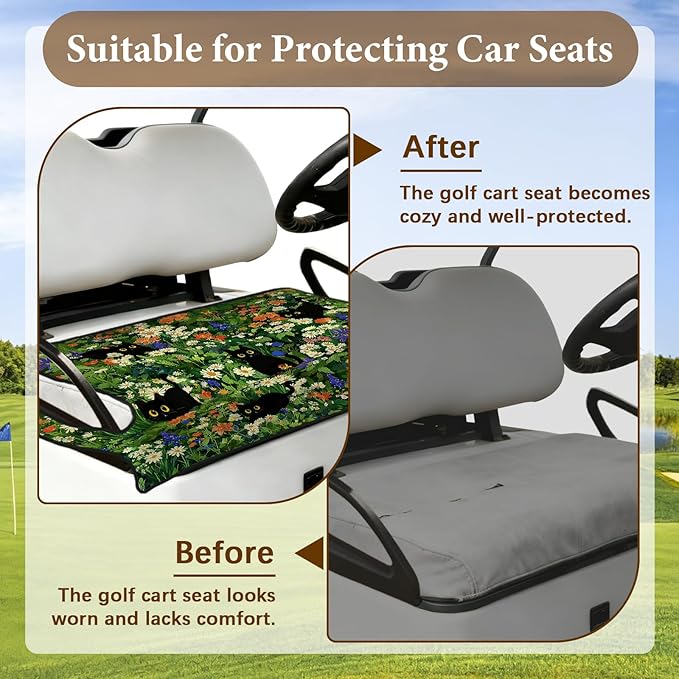 Green Golf Cart Seat Covers, Black Cat Flower Golf Cart Seat Towel Blanket for Club Car, Golf Cart Accessories, Keep Seat Comfortable and Cool for 2-Seat Golfs Carts, Gifts for Christmas Thanksgiving