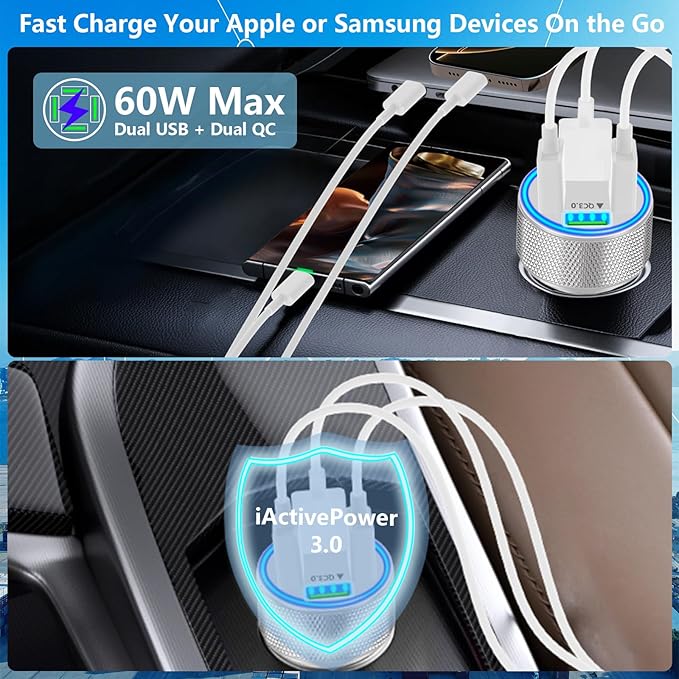 USB Car Charger, Stuffcool 60W Dual USB-A + QC3.0 Power Cigarette Lighter Adapter 4-Port Car Charger Carplay Fast Charging for iPhone 17 17 Pro Max 16 15 14 13 12/Galaxy S26 S25 S24 S23/Pixel 9 8/iPad