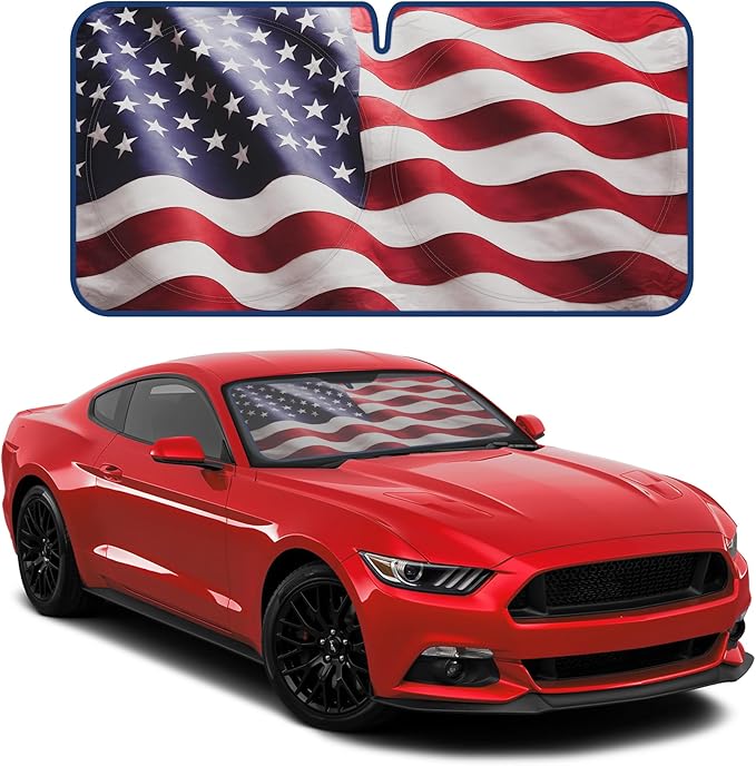 Motor Trend USA Americana Flag Car Windshield Sun Shade for Front Window, Foldable Car Sun Shade with Patriotic Graphic, Collapsible Sun Visor Sunshade for Cars Windshield (Medium 65" x 33")
