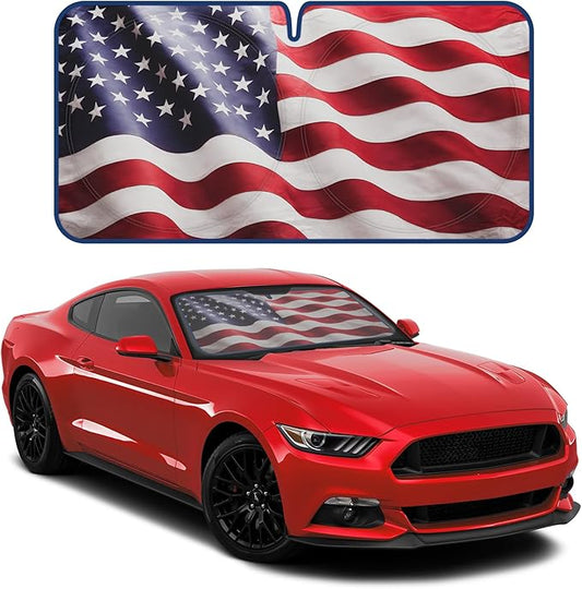 Motor Trend USA Americana Flag Car Windshield Sun Shade for Front Window, Foldable Car Sun Shade with Patriotic Graphic, Collapsible Sun Visor Sunshade for Cars Windshield (Medium 65" x 33")