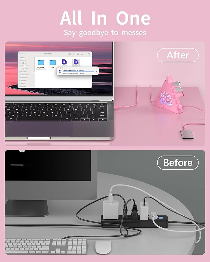 7-Port USB 3.0 Hub, RGB USB Hub with RGB Tree Light and 2ft Cable, USB Hub 3.0 Pink USB Expander for Laptop, PC, Flash Drive, HDD, Console, Printer, Keyboard, Mouse (Pink)