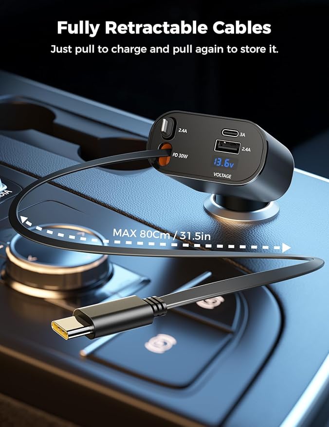 SUPERONE 【Upgraded】 Retractable Car Charger 4 in 1, Fast Car Phone Charger with Cord 2.6ft, USB C and Apple Car Charger Adapter, Compatible with iPhone 17 16 15/15 Pro Max/14/13/12/11, Galaxy, Pixel