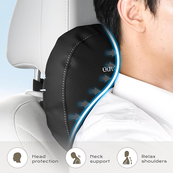 Coverado Leather Car Headrest Pillow Car Neck Pillow with Adjustable Strap, Head Support Rest Driver Relax Head Muscles Relieve Driving Fatigue, Breathable & Removable Cover, Black