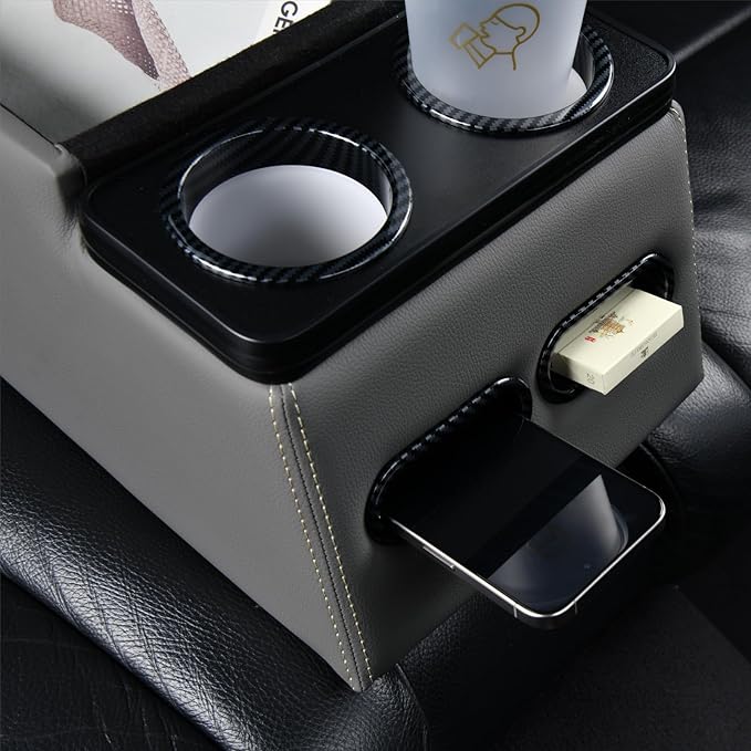 Coverado Car Center Console, Universal Bench Seat Center Consoles, Center Console for Van, Back Seat Storage Box, Rear Seat Car Console Organizer with Cup Holder, Central Armrest Box (Regular, Gray)