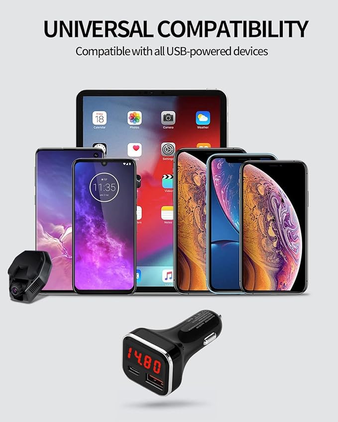 USB C Car Charger Adapter with Volt Meter, 30W Cigarette Lighter Adapter with Voltmeter, Type C Car Charger Fast Charging 12V, PD & QC 3.0 Compatible with iPhone 15 Pro Max, Samsung Galaxy S24