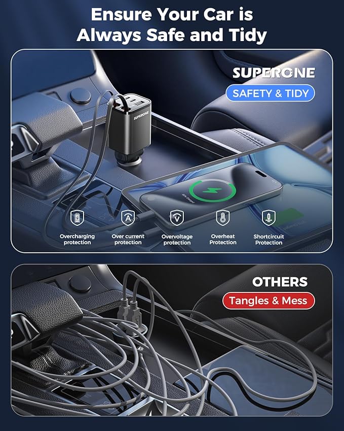 2026 Ultra-Compact SUPERONE Retractable Car Charger, 5 in 1 Car Phone Charger with Dual Type C Cables, 84W Fast Charging USB C Car Accessories Adapter for iPhone 17/16/15/14/13/12/11, Galaxy, Pixel