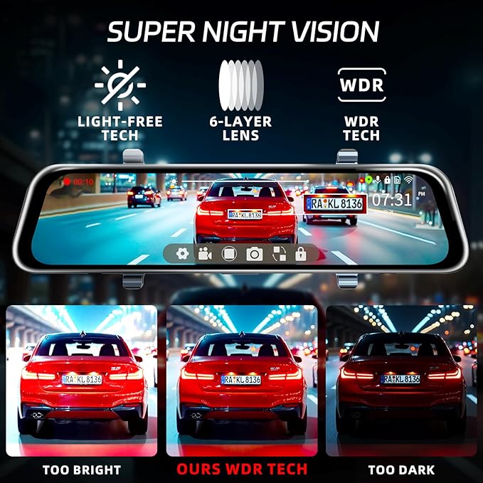 L09 12" 4K Mirror Dash Cam and Backup Camera with Front and Rear Dual Cameras, Built-in GPS, Wi-Fi, Loop Recording, G-Sensor, WDR, and HDR Night Vision, Includes 128GB Memory Card