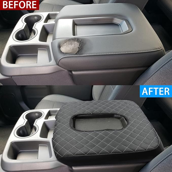 Center Console Armrest Cover for Chevy Silverado/GMC Sierra Accessories 2019-2024 2025 Arm Rest Box Leather Protective Case Middle Console Lid Cushion Pad Only for Jump Seat (Gray Stitches)