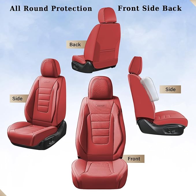 Coverado Car Seat Covers Full Set, Nappa Leather Seat Covers for Cars, Car Seat Protector Car Seat Cushion, Front and Back Seat Protectors Cushions Universal Fit for Most Cars Vehicles(Red)